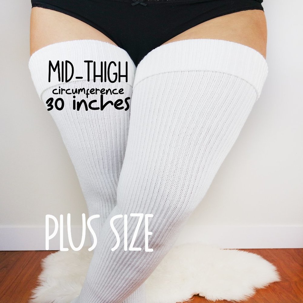 PLUS SIZE Thigh High Socks, White Women's Extra Long Over The Knee Stocking